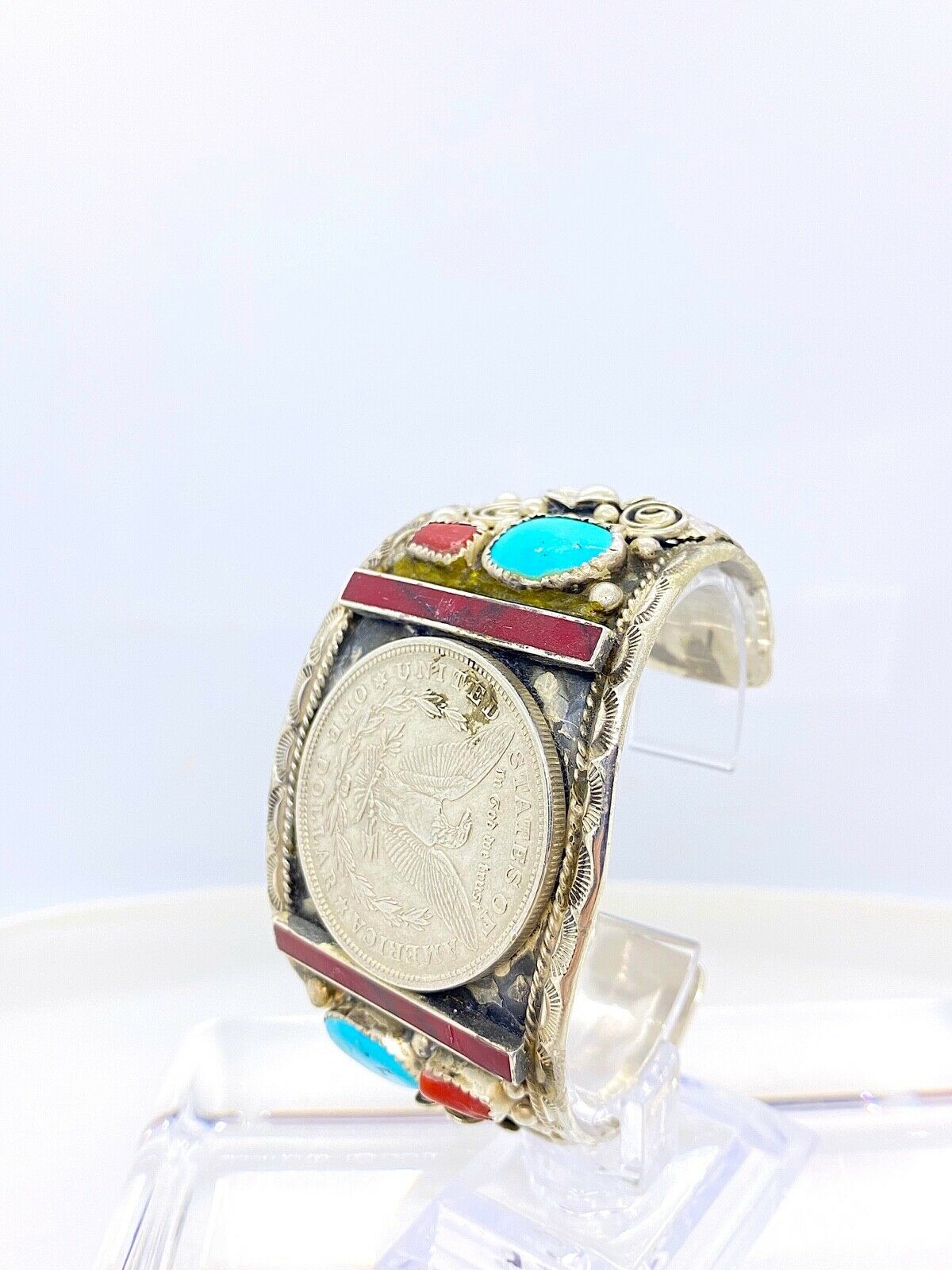 Vintage Sterling Silver One Dollar Coin Turquoise & Red Coral Cuff Bracelet