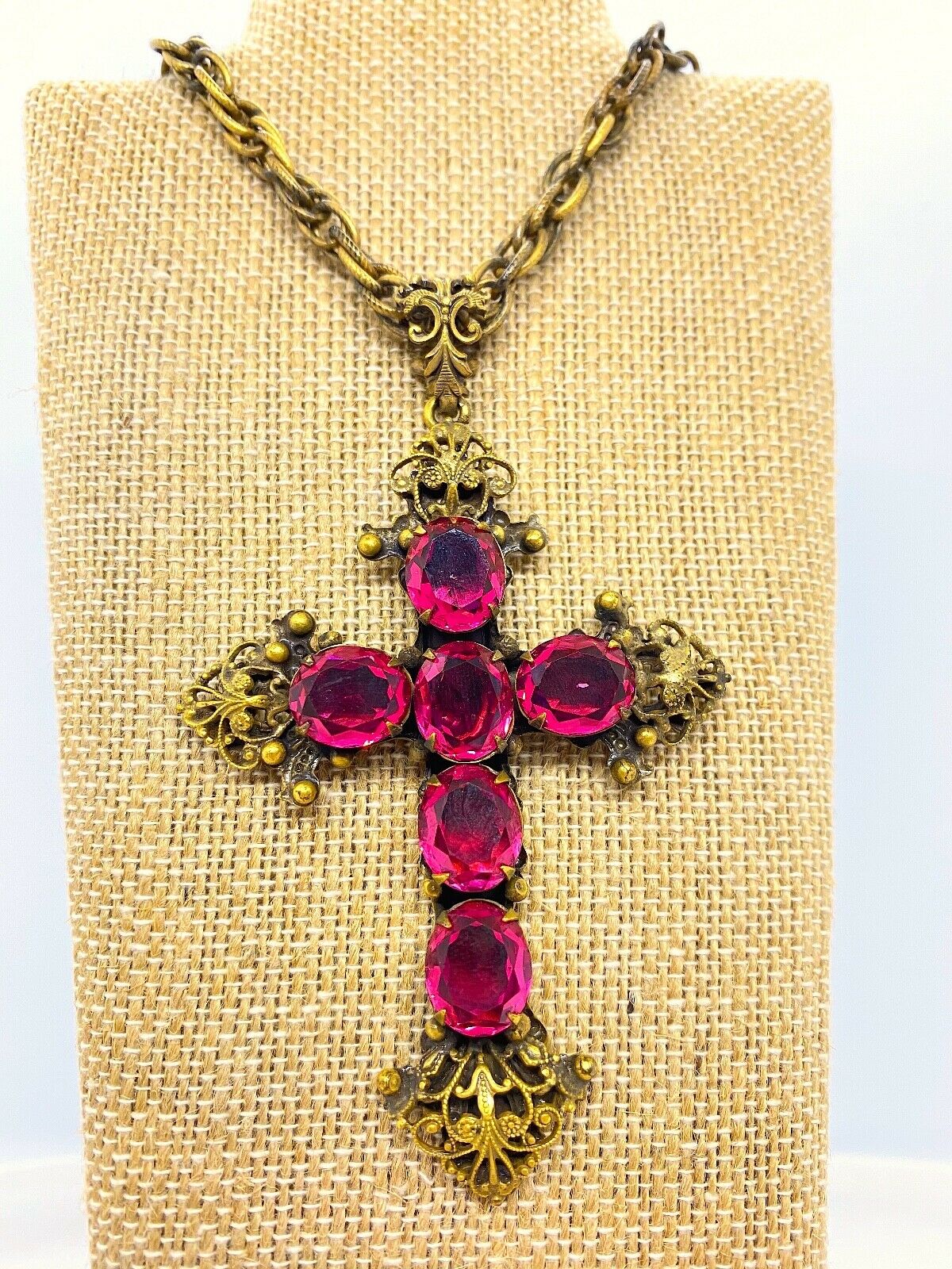 Vintage Costume Joseff of Hollywood Pink/Red Gemstone Cross Necklace